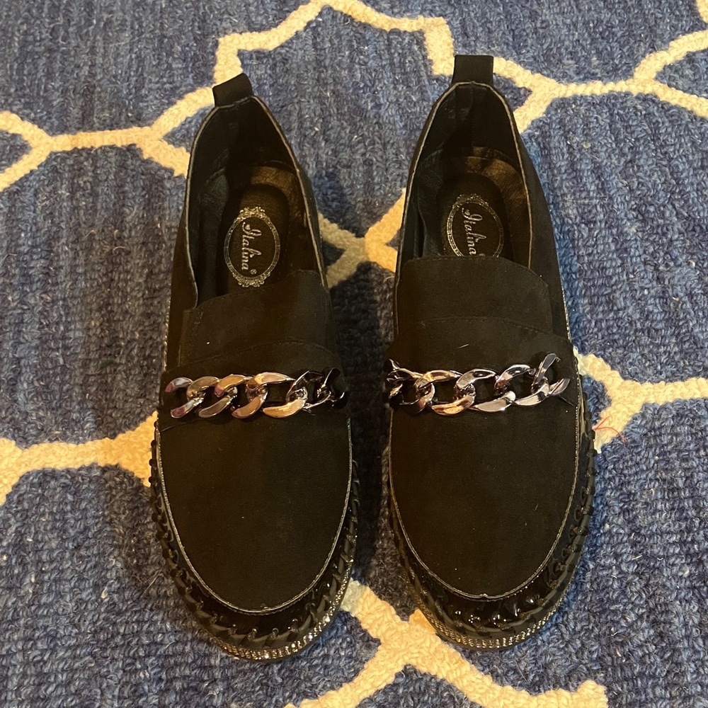 Italina Black Loafers with Chain and Rhinestone Trim